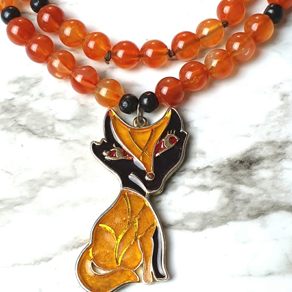 Carnelian Like Beads Cat Enamel Pendant Necklace